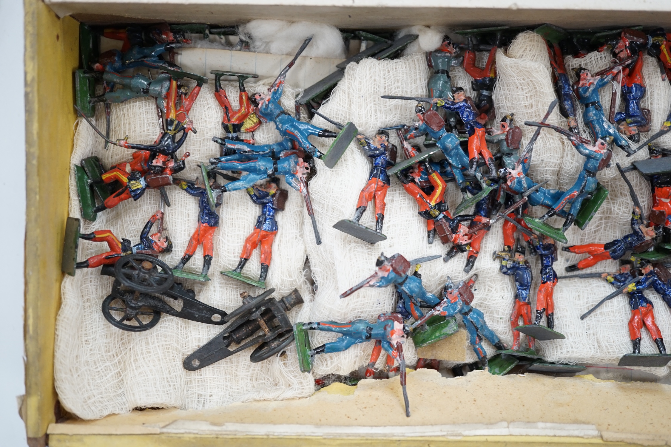 A collection of early 30mm German produced soldiers including 3d examples and flat/semi-flat examples, elephants, French infantry, Highlanders, etc.